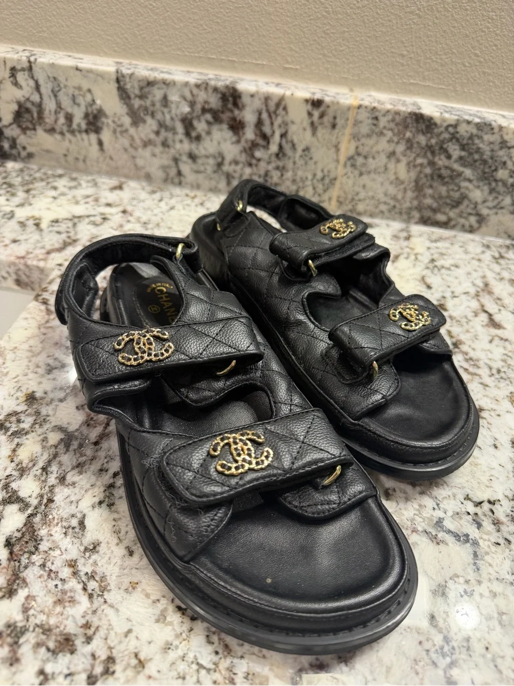 Black Quilted Chanel Strap Sandals